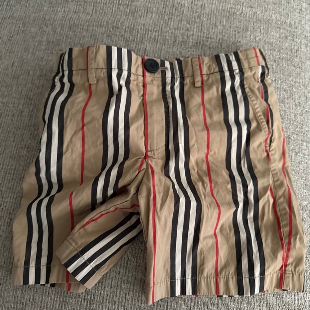 Burberry Kids Tan Shorts with Black and Red Stripes